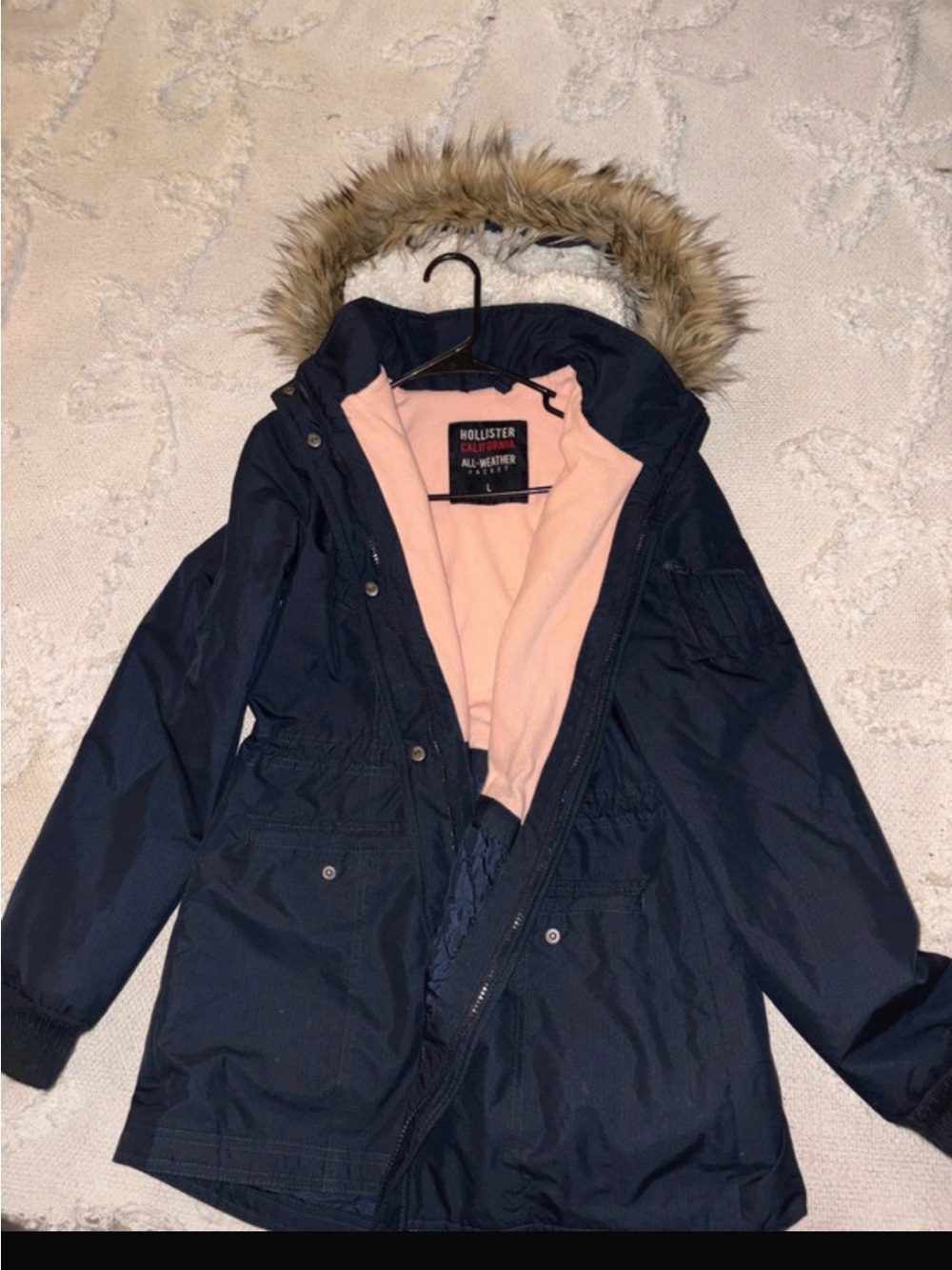 Hollister Navy Utility Jacket with Pink Lining and Faux Fur Hood
